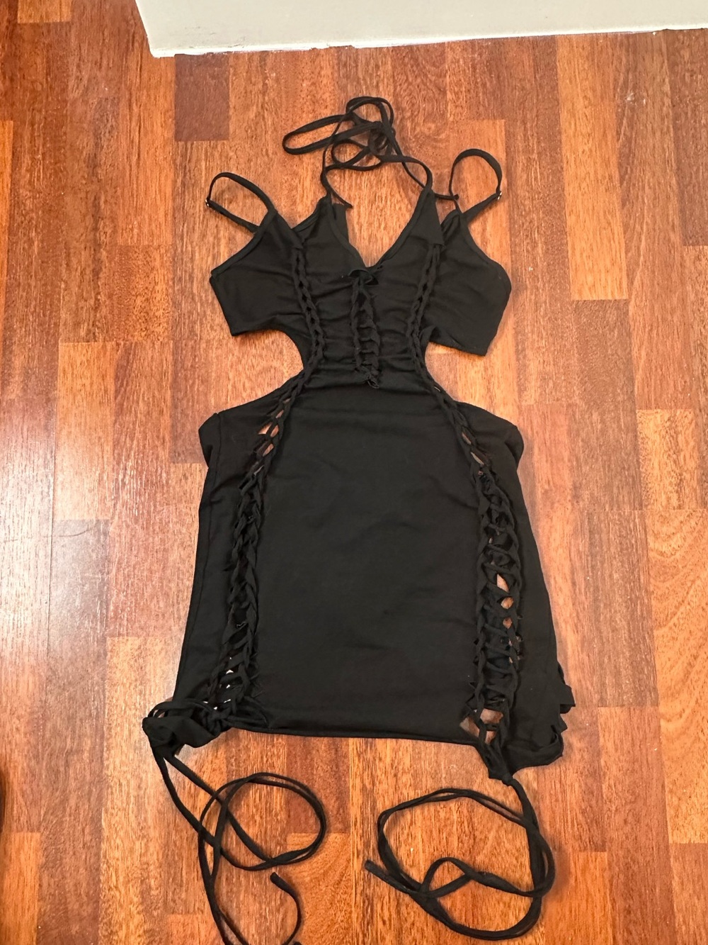 Dolls Kill Darker Waves Shredded Black Cutout Lace-up Bodycon Rave Mini Dress - Picture 9 of 15